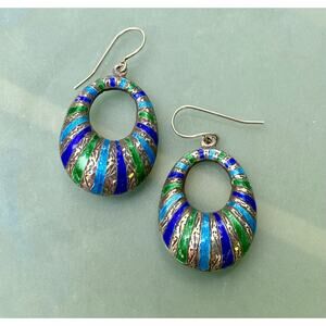 Vintage Sterling Green & Blue Striped Enamel Earrings